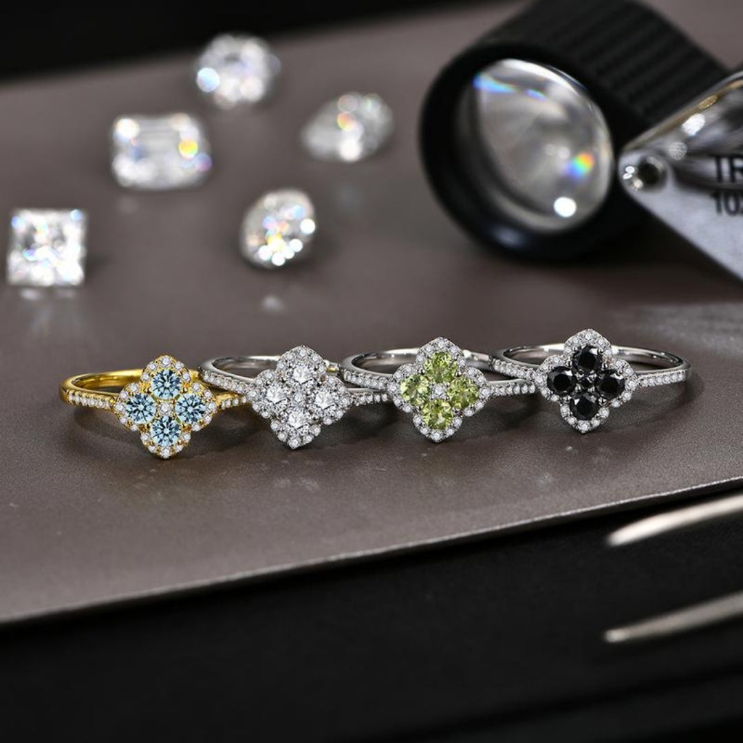 Moissanite Cushion Clover Ring