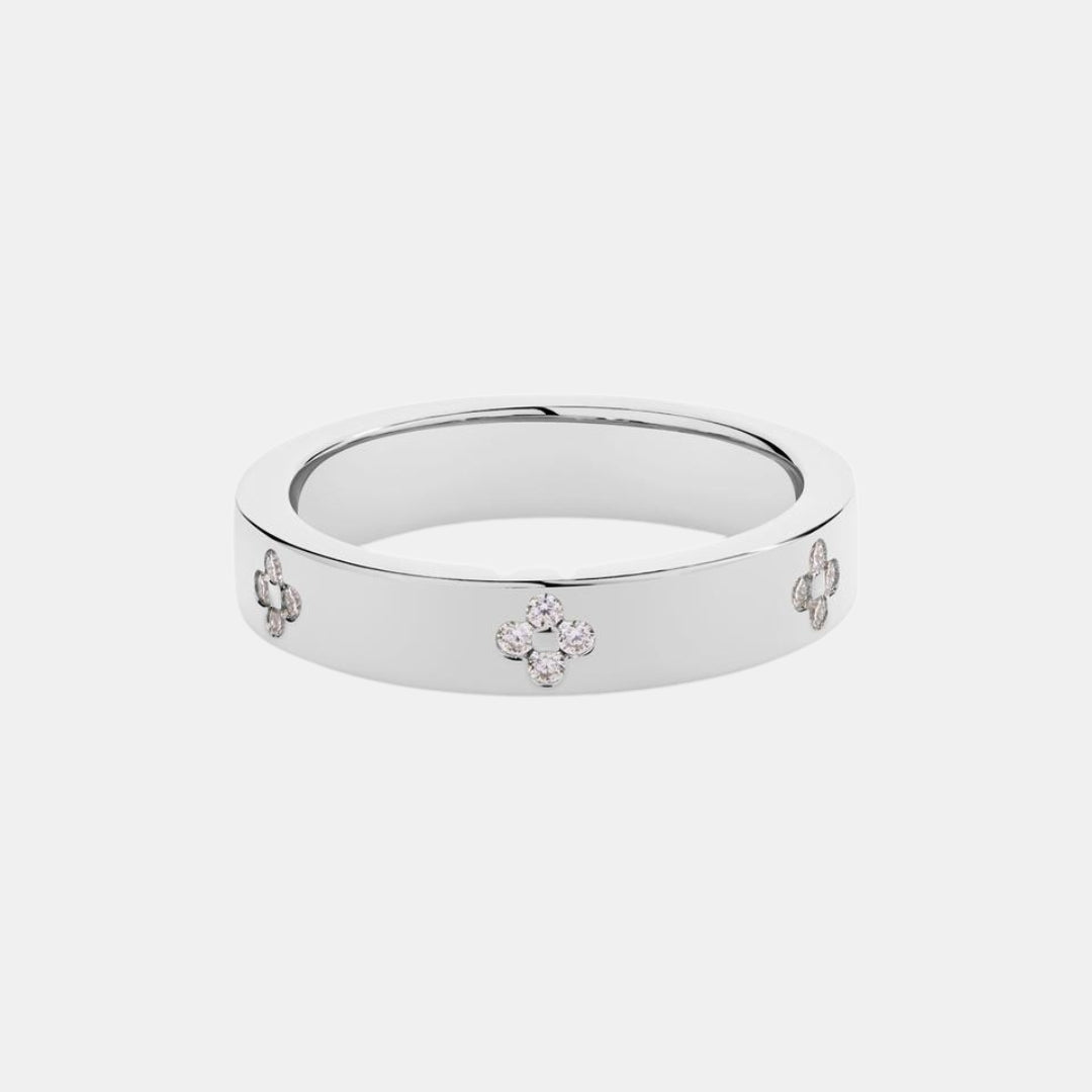 Engraved Clover 925 Sterling Silver Round Moissanite Ring