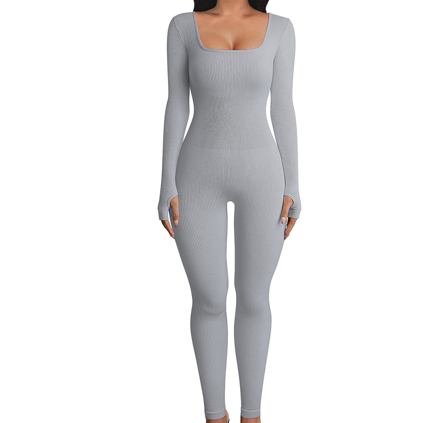 Long-Sleeve Square-Collar Yoga Fitness Jumpsuit