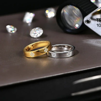 Engraved Clover 925 Sterling Silver Round Moissanite Ring